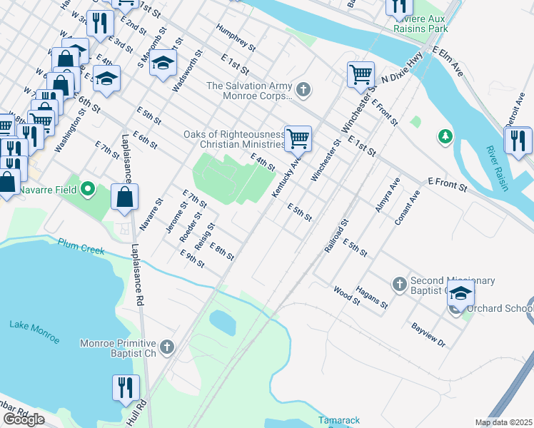 map of restaurants, bars, coffee shops, grocery stores, and more near 1009 East 6th Street in Monroe