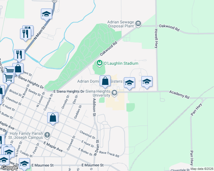 map of restaurants, bars, coffee shops, grocery stores, and more near 1247 East Siena Heights Drive in Adrian