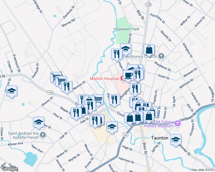 map of restaurants, bars, coffee shops, grocery stores, and more near 31 Park Street in Taunton