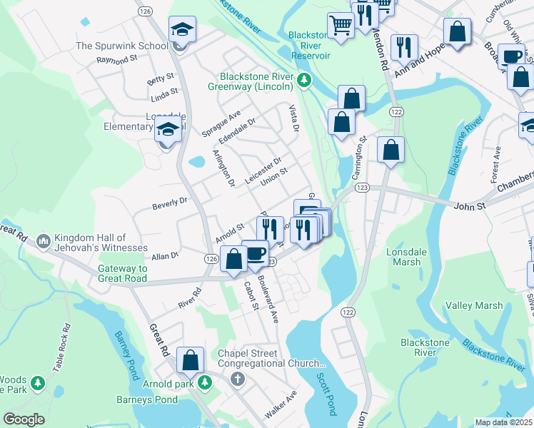 map of restaurants, bars, coffee shops, grocery stores, and more near 54 Pleasant Street in Lincoln