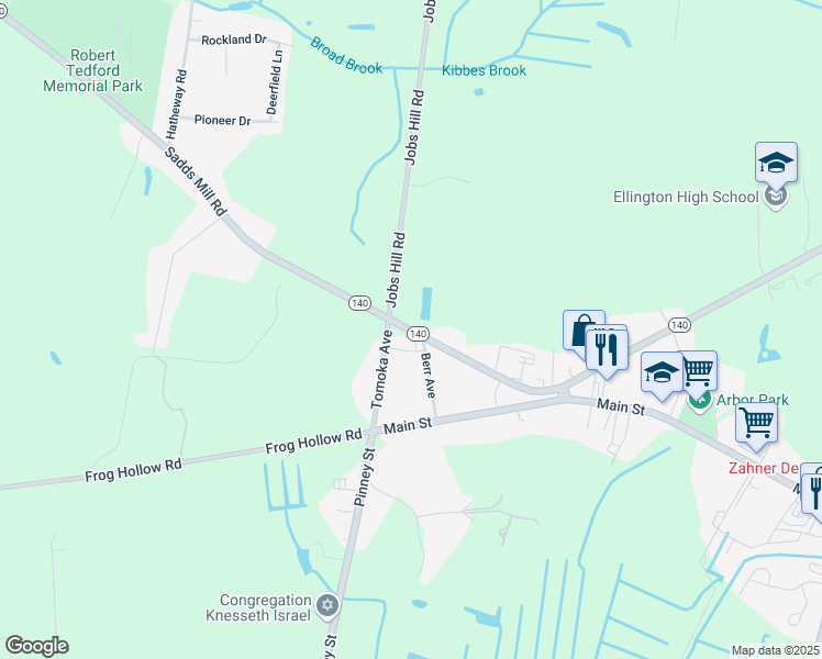 map of restaurants, bars, coffee shops, grocery stores, and more near 162 Maple Street in Ellington