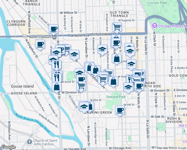 map of restaurants, bars, coffee shops, grocery stores, and more near 1281 North Clybourn Avenue in Chicago