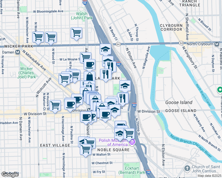 map of restaurants, bars, coffee shops, grocery stores, and more near 1310 North Cleaver Street in Chicago