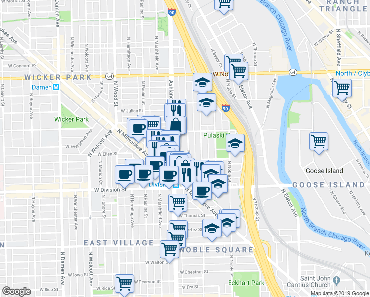 map of restaurants, bars, coffee shops, grocery stores, and more near 1311 North Bosworth Avenue in Chicago
