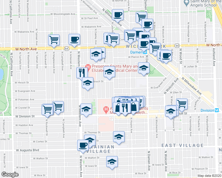 map of restaurants, bars, coffee shops, grocery stores, and more near 1318 North Leavitt Street in Chicago