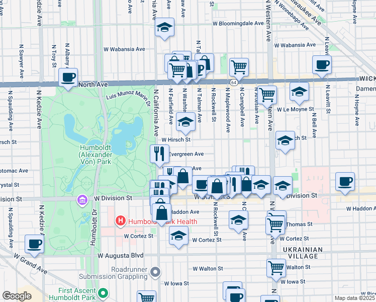 map of restaurants, bars, coffee shops, grocery stores, and more near in Chicago