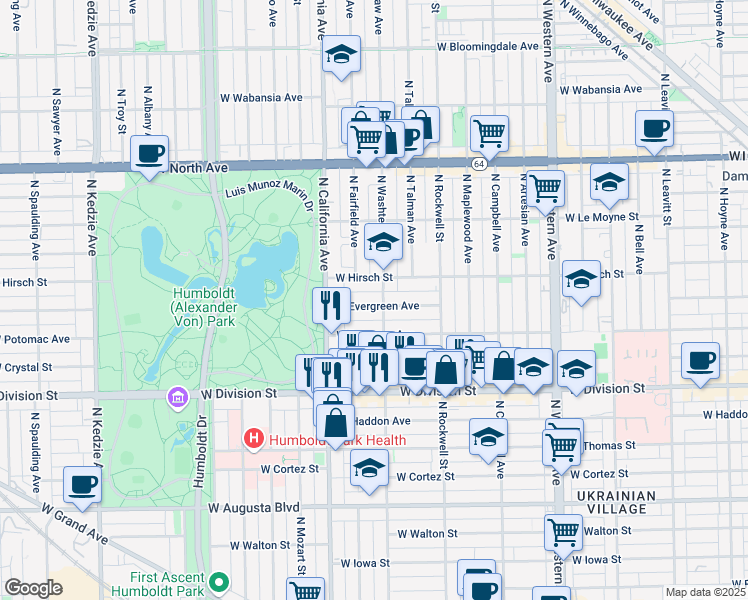 map of restaurants, bars, coffee shops, grocery stores, and more near in Chicago