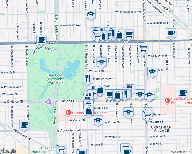 map of restaurants, bars, coffee shops, grocery stores, and more near 2737 West Evergreen Avenue in Chicago