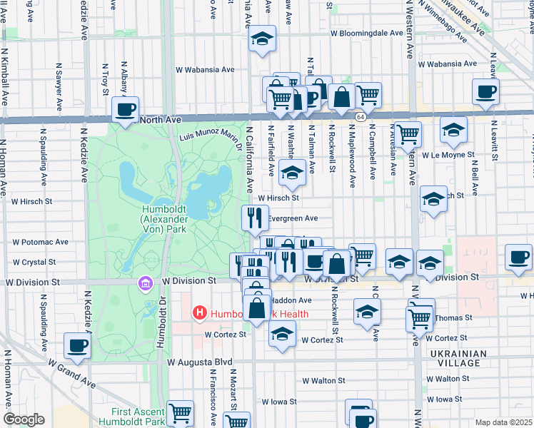 map of restaurants, bars, coffee shops, grocery stores, and more near 2737 West Evergreen Avenue in Chicago