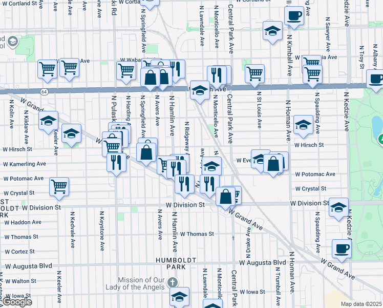map of restaurants, bars, coffee shops, grocery stores, and more near 1331 North Ridgeway Avenue in Chicago