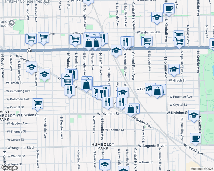map of restaurants, bars, coffee shops, grocery stores, and more near 1331 North Ridgeway Avenue in Chicago