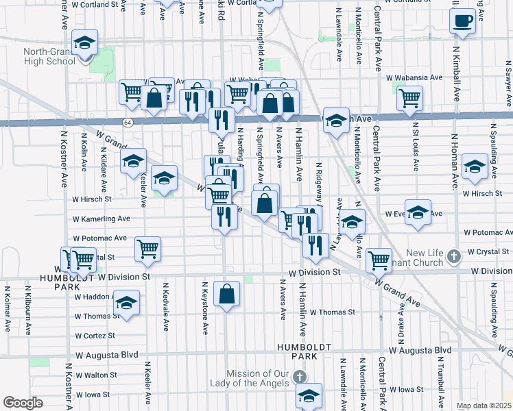 map of restaurants, bars, coffee shops, grocery stores, and more near in Chicago