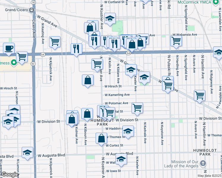 map of restaurants, bars, coffee shops, grocery stores, and more near 4330 West Kamerling Avenue in Chicago