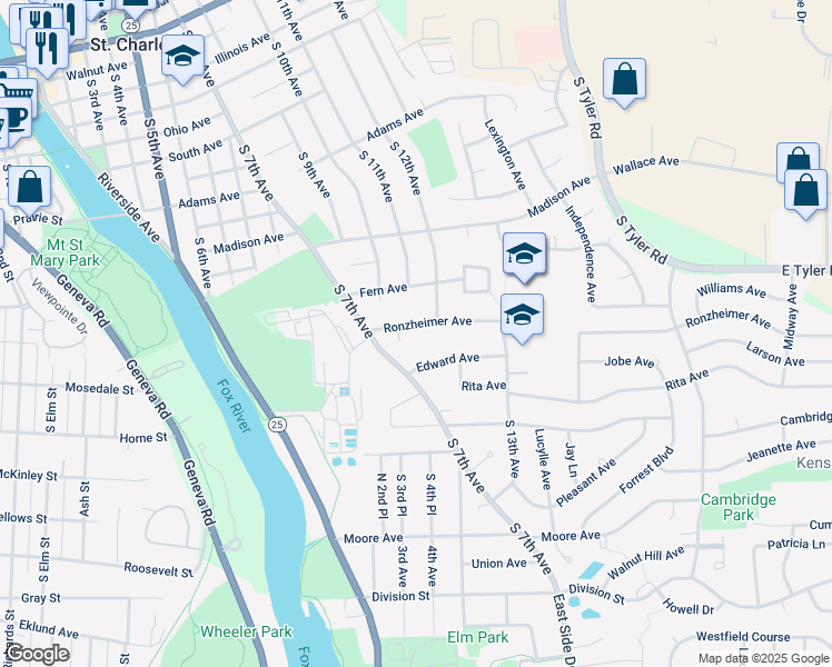map of restaurants, bars, coffee shops, grocery stores, and more near 1029 Ronzheimer Avenue in St. Charles