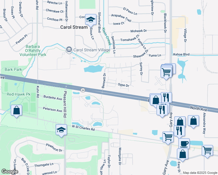 map of restaurants, bars, coffee shops, grocery stores, and more near 331 Sype Drive in Carol Stream