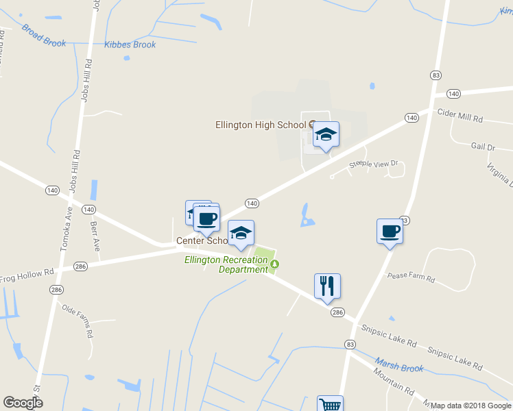 map of restaurants, bars, coffee shops, grocery stores, and more near 62 Maple Street in Ellington
