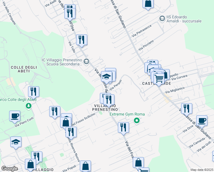 map of restaurants, bars, coffee shops, grocery stores, and more near Via del Fosso Mariano in Grottaferrata