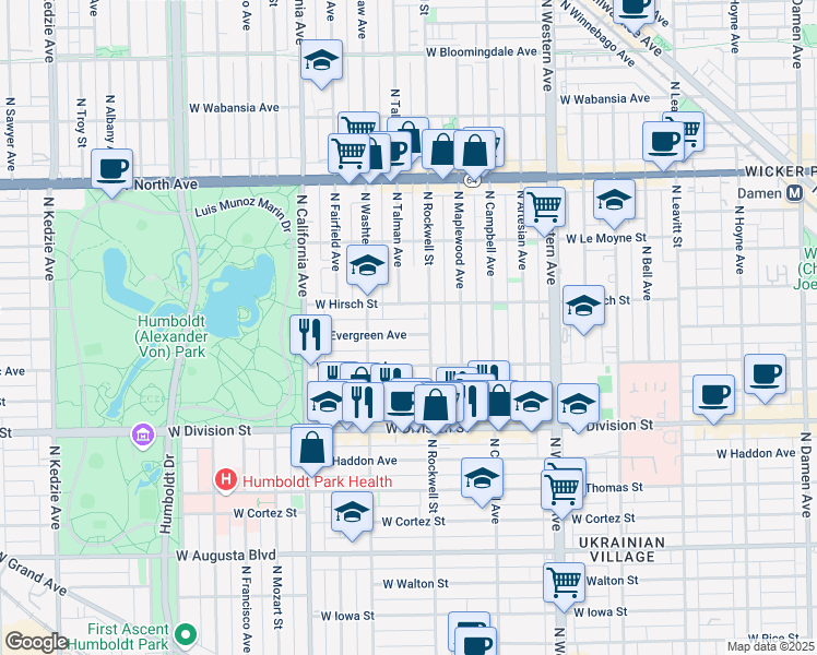 map of restaurants, bars, coffee shops, grocery stores, and more near 2618 West Evergreen Avenue in Chicago