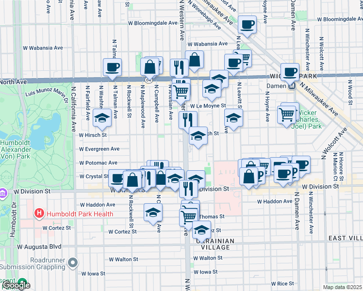 map of restaurants, bars, coffee shops, grocery stores, and more near 1336 North Western Avenue in Chicago