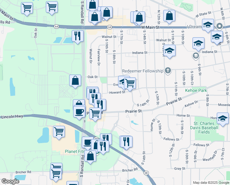 map of restaurants, bars, coffee shops, grocery stores, and more near 1909 Oak Street in St. Charles