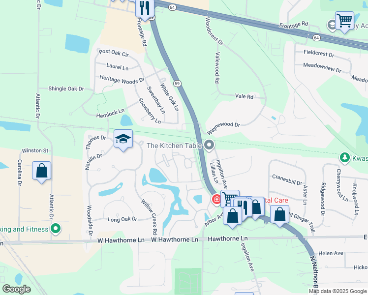 map of restaurants, bars, coffee shops, grocery stores, and more near 1214 Kings Circle in West Chicago