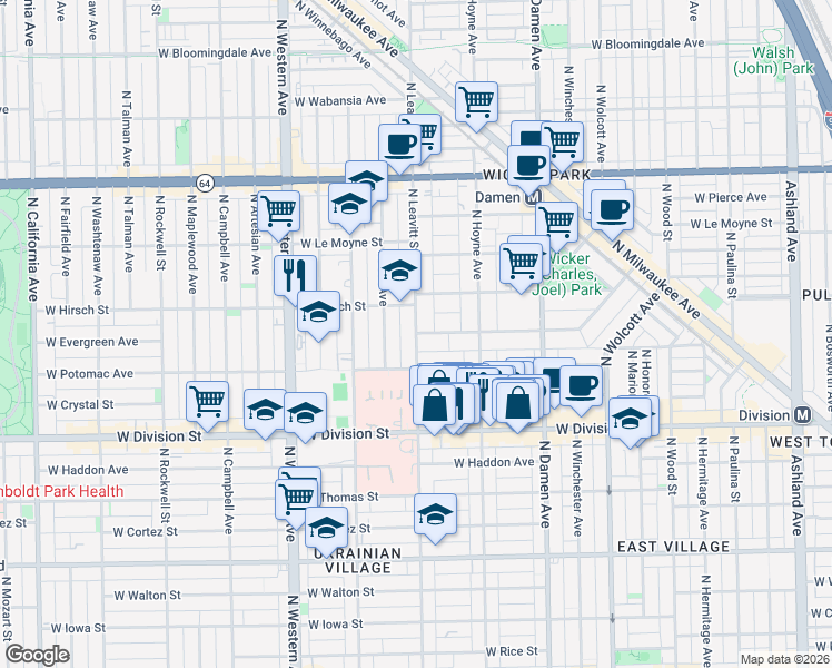 map of restaurants, bars, coffee shops, grocery stores, and more near N Leavitt St & W Evergreen Ave in Chicago