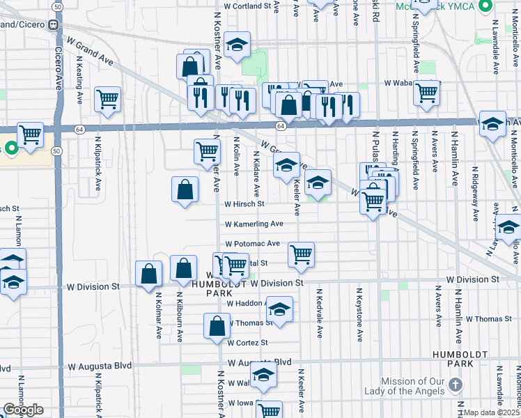 map of restaurants, bars, coffee shops, grocery stores, and more near 1345 North Kildare Avenue in Chicago