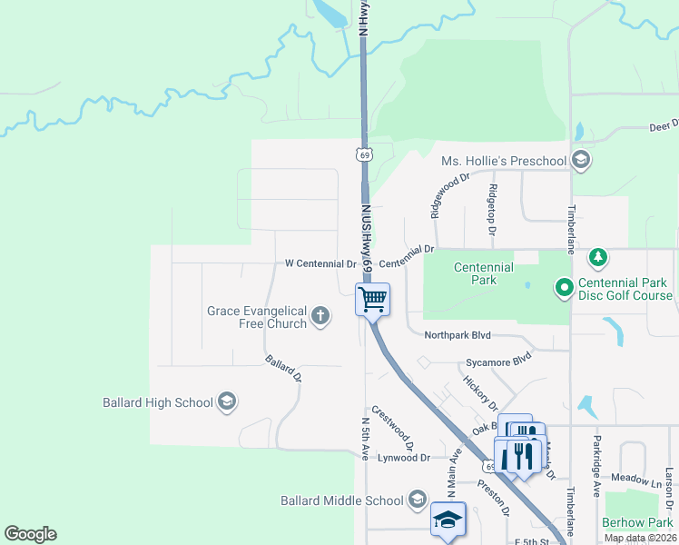 map of restaurants, bars, coffee shops, grocery stores, and more near 417 West Centennial Drive in Huxley