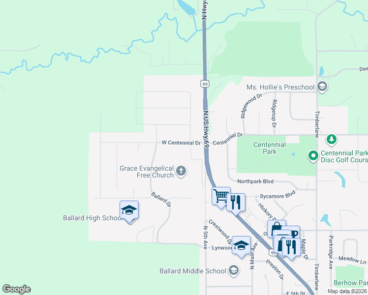 map of restaurants, bars, coffee shops, grocery stores, and more near 417 West Centennial Drive in Huxley