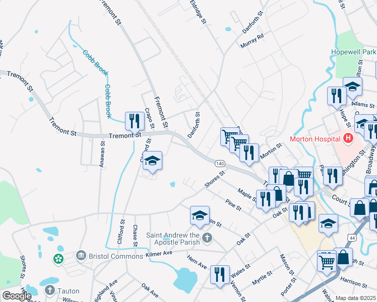 map of restaurants, bars, coffee shops, grocery stores, and more near 4 Locust Street in Taunton