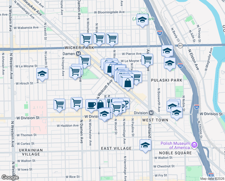 map of restaurants, bars, coffee shops, grocery stores, and more near 1829 West Ellen Street in Chicago
