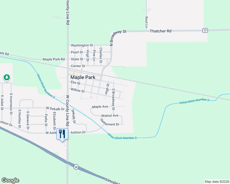map of restaurants, bars, coffee shops, grocery stores, and more near 804 Elm Street in Maple Park