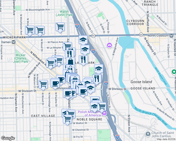 map of restaurants, bars, coffee shops, grocery stores, and more near 1326 North Cleaver Street in Chicago