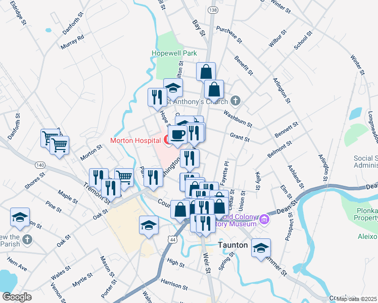 map of restaurants, bars, coffee shops, grocery stores, and more near 91 Washington Street in Taunton