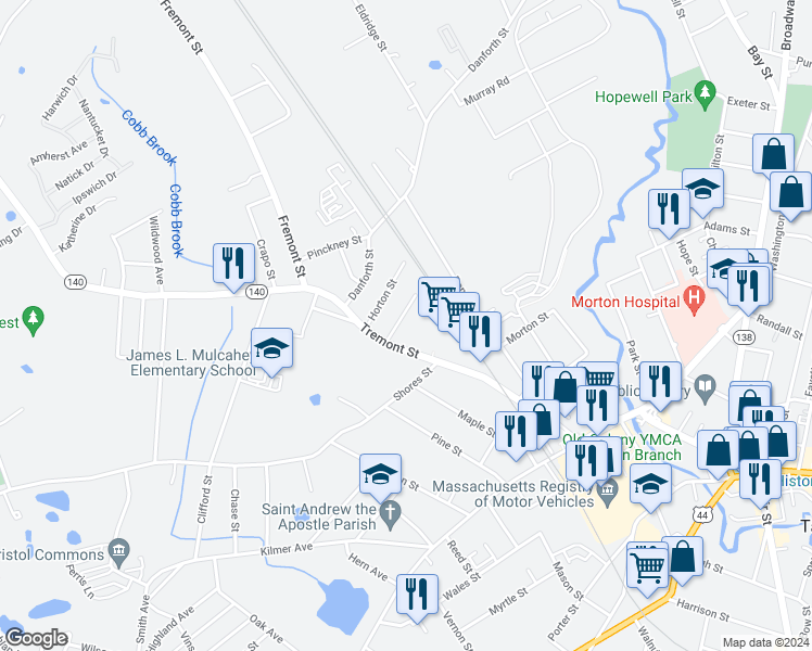 map of restaurants, bars, coffee shops, grocery stores, and more near 53 Massachusetts 140 in Taunton