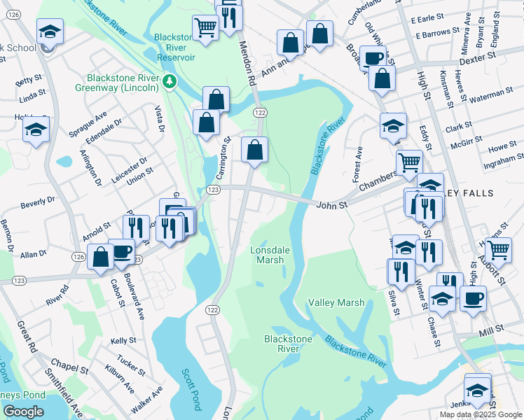 map of restaurants, bars, coffee shops, grocery stores, and more near 1 Grant Court in Lincoln