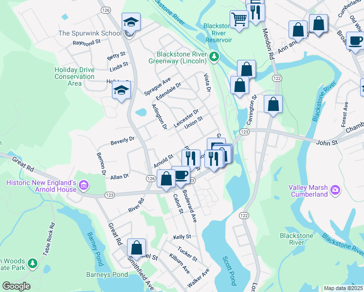 map of restaurants, bars, coffee shops, grocery stores, and more near 54 Pleasant Street in Lincoln