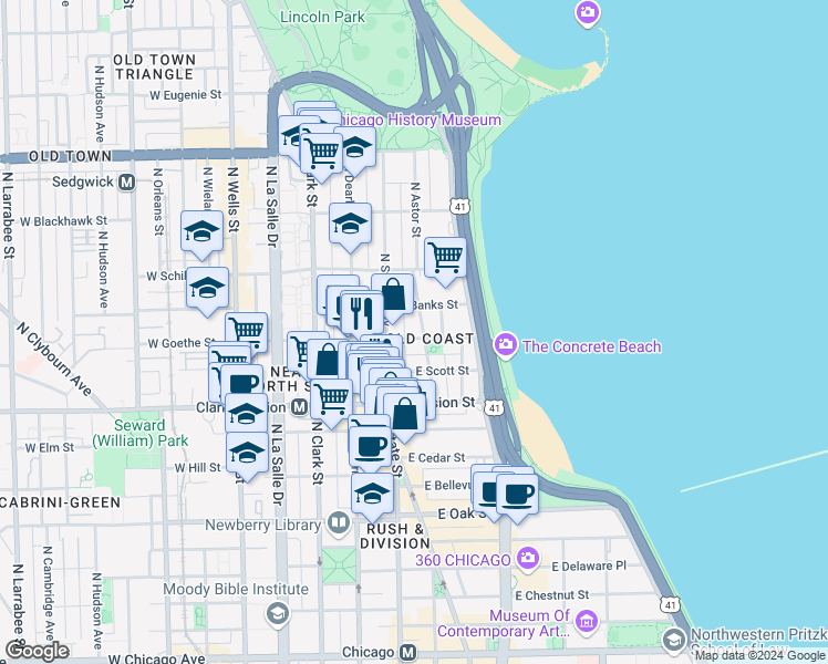 map of restaurants, bars, coffee shops, grocery stores, and more near in Chicago