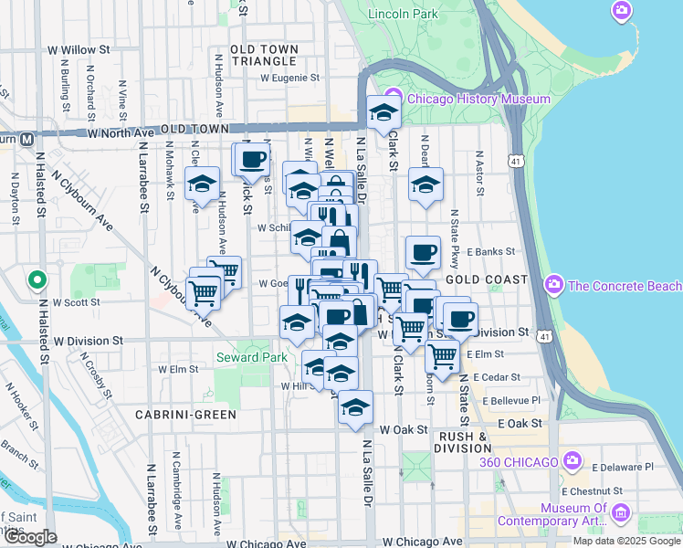 map of restaurants, bars, coffee shops, grocery stores, and more near 1254 North Wells Street in Chicago