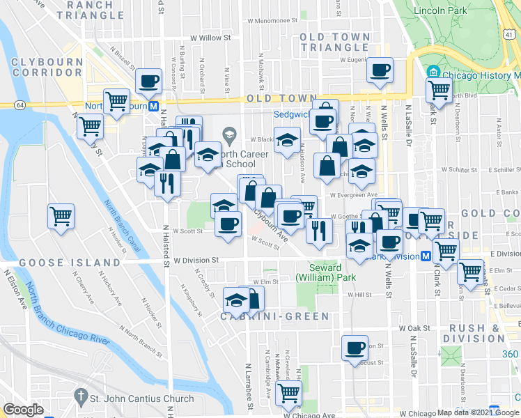 map of restaurants, bars, coffee shops, grocery stores, and more near 1307 North Clybourn Avenue in Chicago