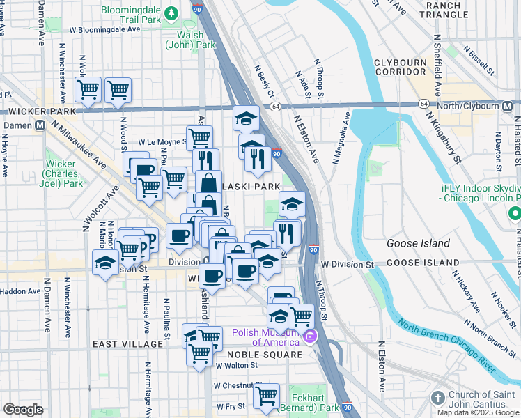 map of restaurants, bars, coffee shops, grocery stores, and more near 1310 North Cleaver Street in Chicago