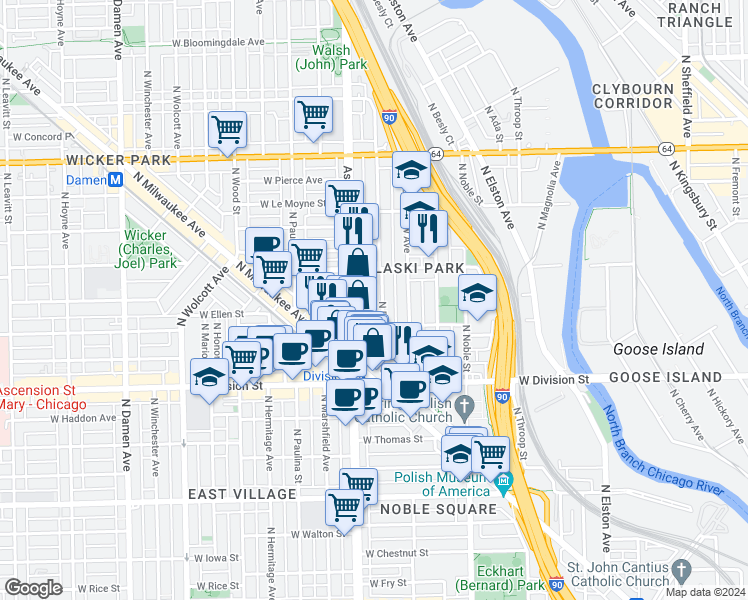 map of restaurants, bars, coffee shops, grocery stores, and more near 1311 North Bosworth Avenue in Chicago