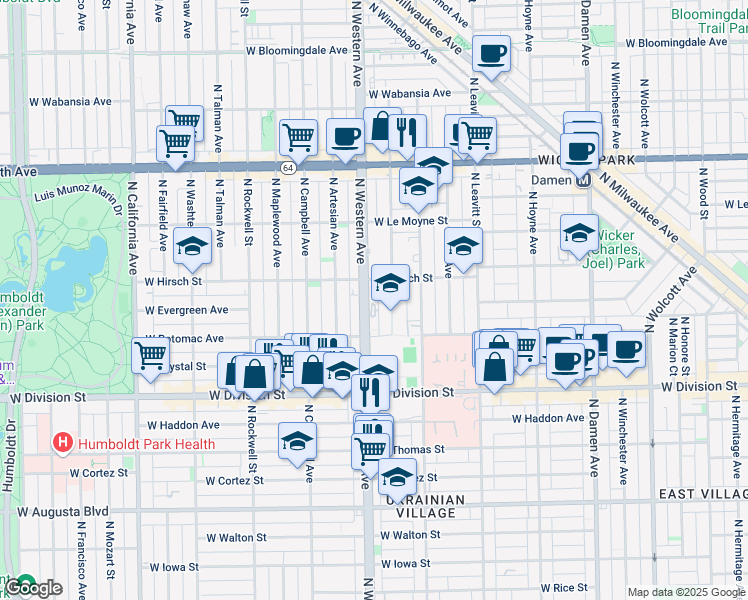 map of restaurants, bars, coffee shops, grocery stores, and more near 1321 North Western Avenue in Chicago