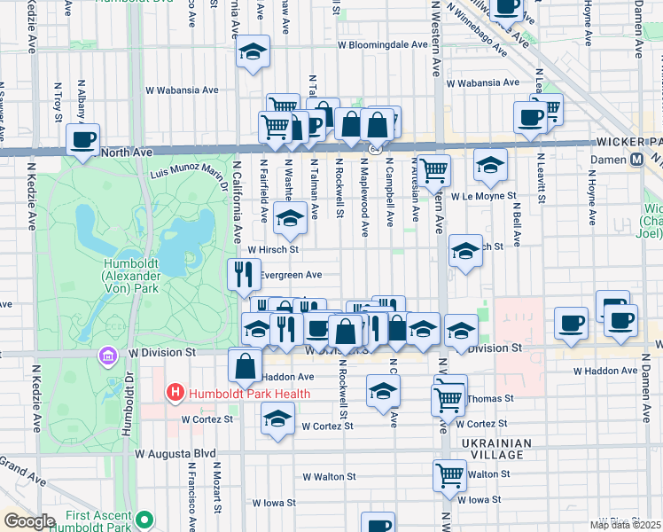 map of restaurants, bars, coffee shops, grocery stores, and more near 2621 West Evergreen Avenue in Chicago
