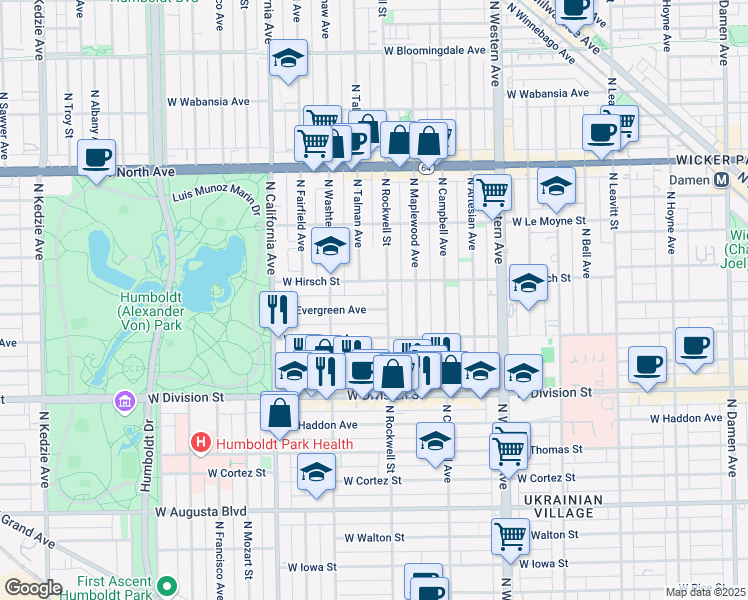 map of restaurants, bars, coffee shops, grocery stores, and more near 2621 West Evergreen Avenue in Chicago