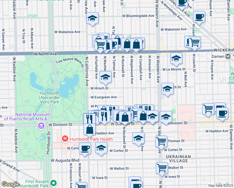 map of restaurants, bars, coffee shops, grocery stores, and more near 2621 West Evergreen Avenue in Chicago