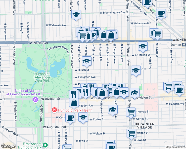 map of restaurants, bars, coffee shops, grocery stores, and more near 2621 West Evergreen Avenue in Chicago