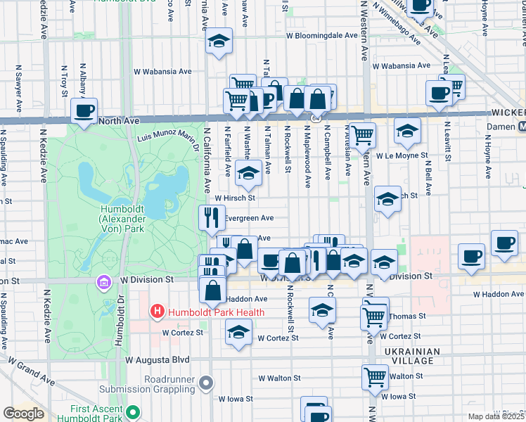 map of restaurants, bars, coffee shops, grocery stores, and more near 2621 West Evergreen Avenue in Chicago