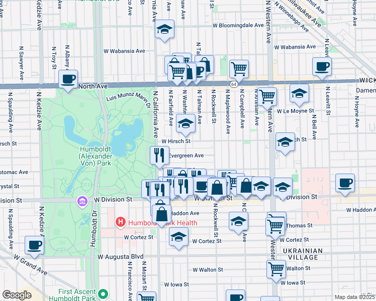 map of restaurants, bars, coffee shops, grocery stores, and more near in Chicago