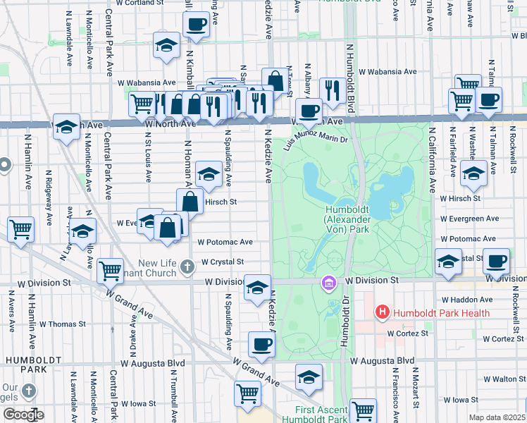map of restaurants, bars, coffee shops, grocery stores, and more near 3227 West Evergreen Avenue in Chicago